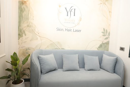 Yuga's Aesthetic Clinic waiting area and brand wall